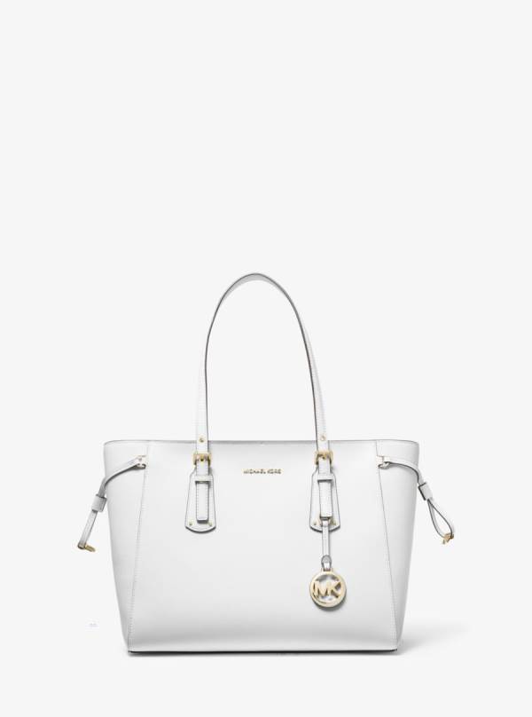 Damske Prenosná Taška Michael Kors Voyager Medium Crossgrain Leather Biele - Kabelky Michael Kors Vypredaj | QRTJO-1437